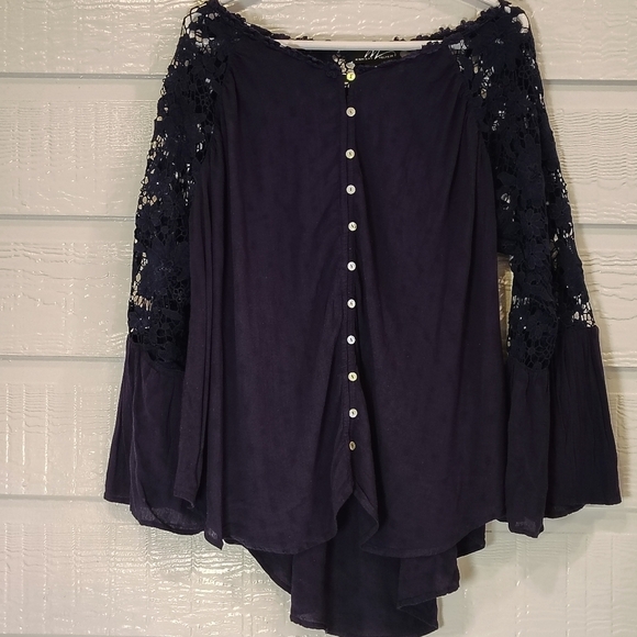 Midnight Velvet Tops - MIDNIGHT VELVET WOMENS 1X BOHO CROCHET NAVY BLUE BELL SLEEVE PEASANT GYPSY